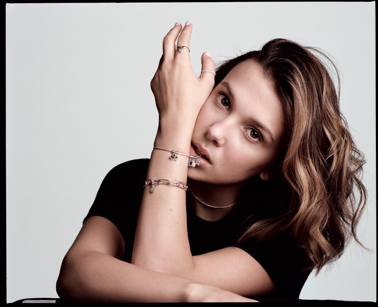 Millie Bobby Brown with the Pandora Me Link Bracelet, crafted with sustainable sterling silver. (PHOTO: Pandora) 