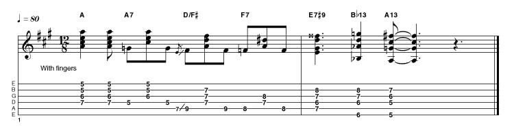 EXAMPLE 40: d/f#, first inversion blues ending