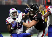 <p>Buffalo Bills running back LeSean McCoy (25) is tackled by Atlanta Falcons defensive end Brooks Reed (50) in the first quarter at Mercedes-Benz Stadium. Mandatory Credit: Jason Getz-USA TODAY Sports </p>