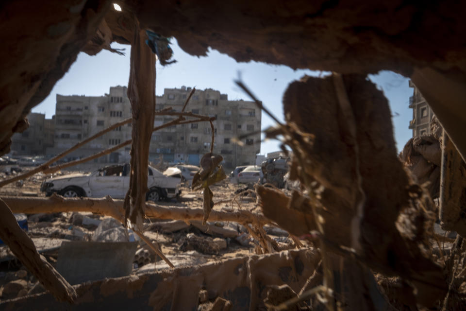 View of the destruction after the floods in Derna, Libya, Friday, Sept. 15, 2023. Search teams are combing streets, wrecked buildings, and even the sea to look for bodies in Derna, where the collapse of two dams unleashed a massive flash flood that killed thousands of people. (AP Photo/Ricardo Garcia Vilanova)