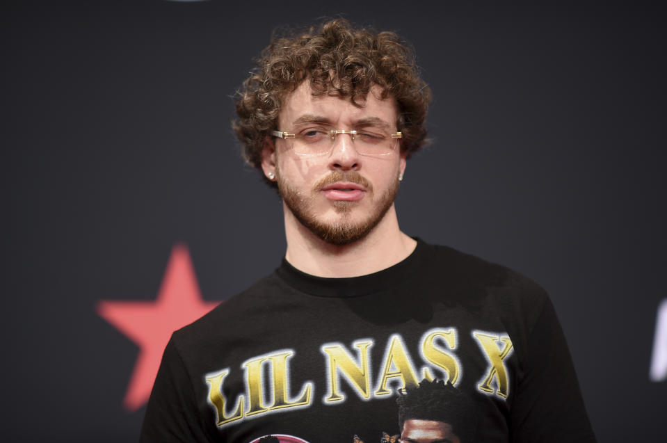 FILE - Jack Harlow arrives wearing a Lil Nas X shirt at the BET Awards on Sunday, June 26, 2022, at the Microsoft Theater in Los Angeles. Kendrick Lamar, Lil Nas X and Harlow are top contenders with seven nominations at the 2022 MTV Video Music Awards, MTV announced Tuesday, July 26, 2022. (Photo by Richard Shotwell/Invision/AP, File)