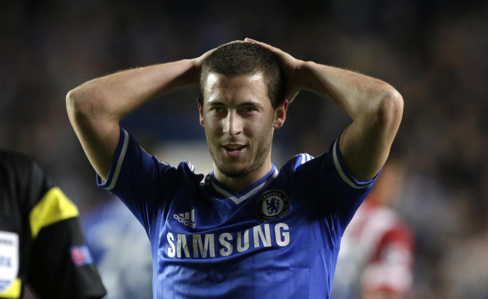 Chelsea's Eden Hazard, reacts after missing a chance on goal during the Champions League semifinal second leg soccer match between Chelsea and Atletico Madrid at Stamford Bridge stadium in London, Wednesday, April 30, 2014. (AP Photo/Matt Dunham)