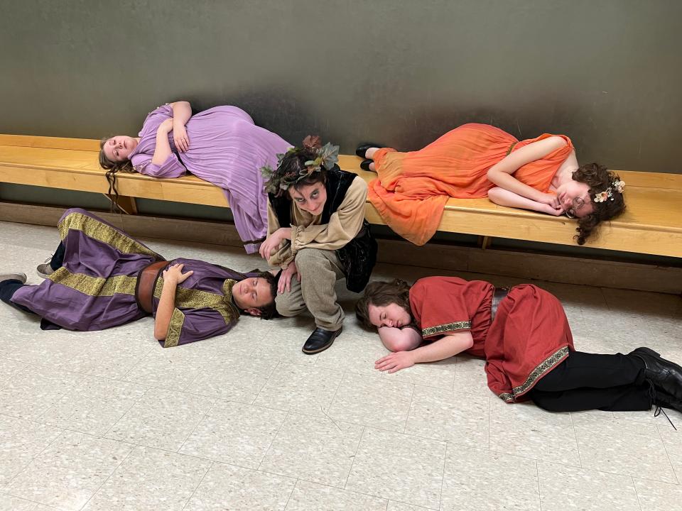 Clockwise from top left, are Helena (Analese Mitson), Hermia (Maddie Green), Lysander (Sammy Sallerson) and Demetrius (Aidan Berry), and center, Puck (Evan Hopkins) in Lord Denney's Players' production of "A Midsummer Night's Dream," opening Thursday at the Columbus Performing Arts Center.