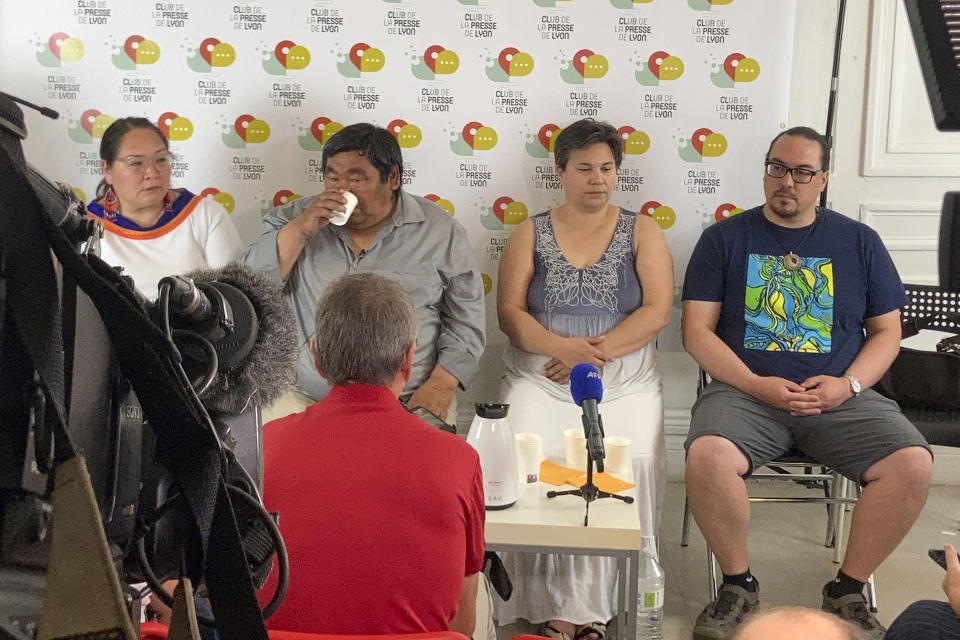 From the left, Inuit delegation members Aliku Kotierk, Jesse Tungilik , Tanya Tungilik and Steve Mapsalak attend a press conference in Lyon, central France, Thursday, Sept.15, 2022. A priest accused of sexually abusing dozens of Inuit children when he missioned in their Canadian Arctic community has told alleged victims and relatives who traveled to France to confront him that he won't go back to Canada to be questioned. (AP Photo/Nicolas Vaux-Montagny)