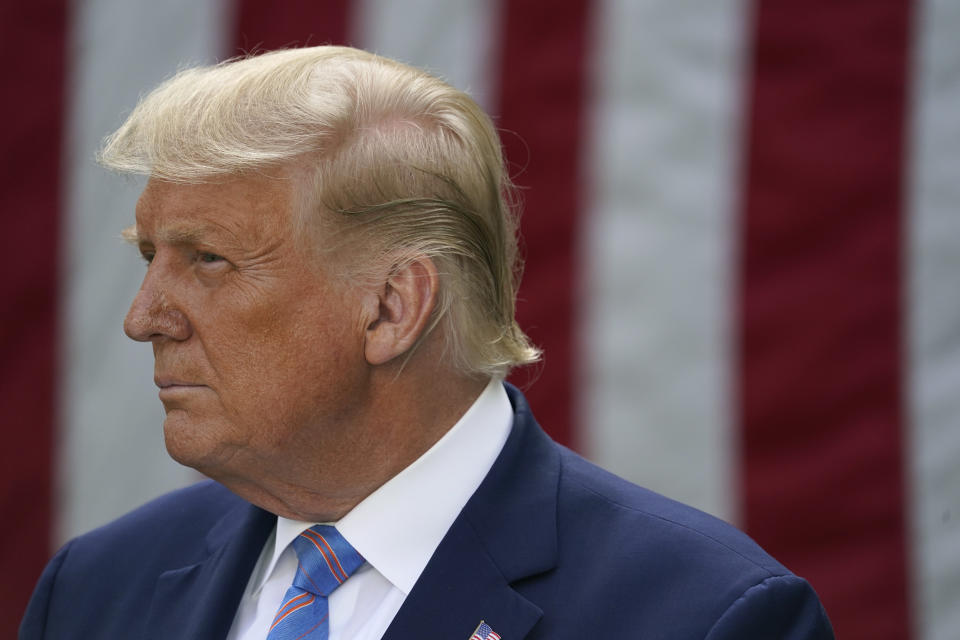 President Donald Trump pauses as he speaks about coronavirus testing during an event in the Rose Garden of the White House, Monday, Sept. 28, 2020, in Washington. (AP Photo/Evan Vucci)