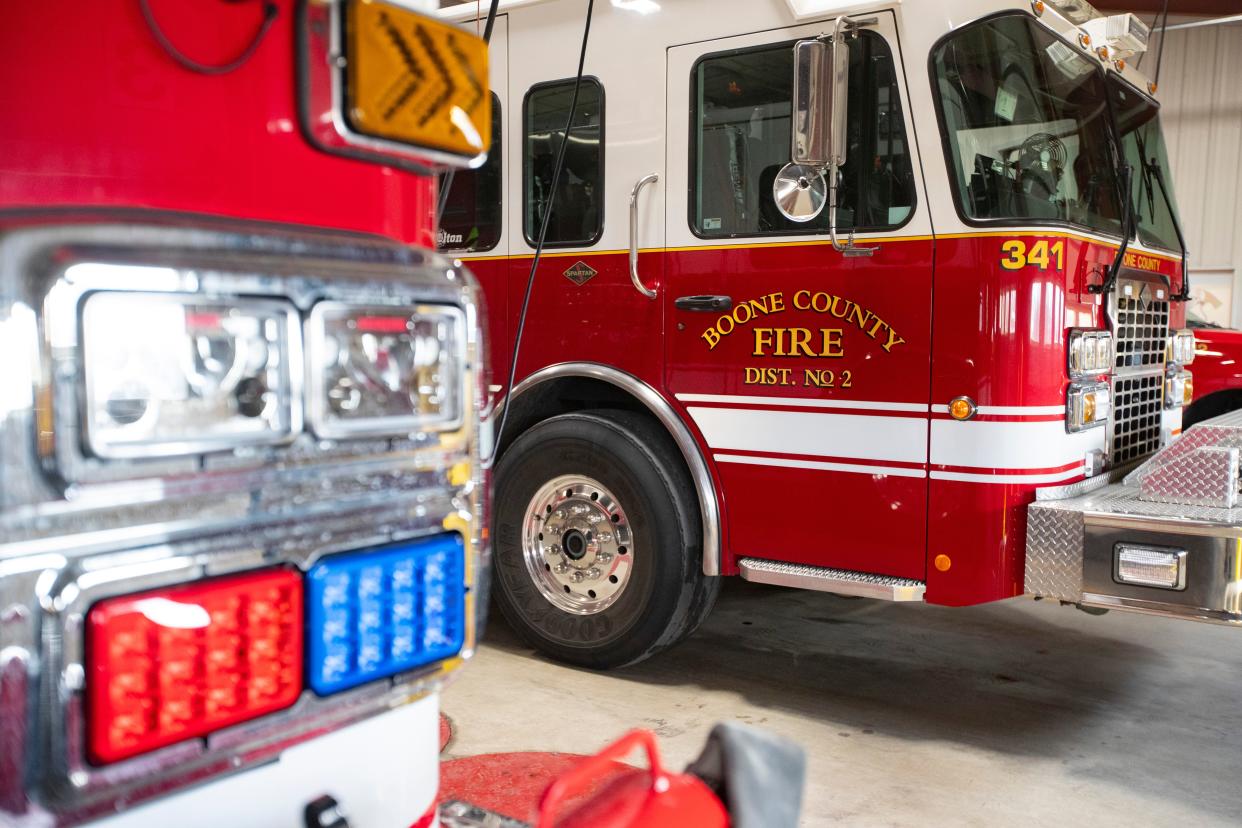 Fire trucks are seen on Wednesday, Feb. 8, 2023, at Boone County Fire Station Dist. No. 2 in Belvidere.