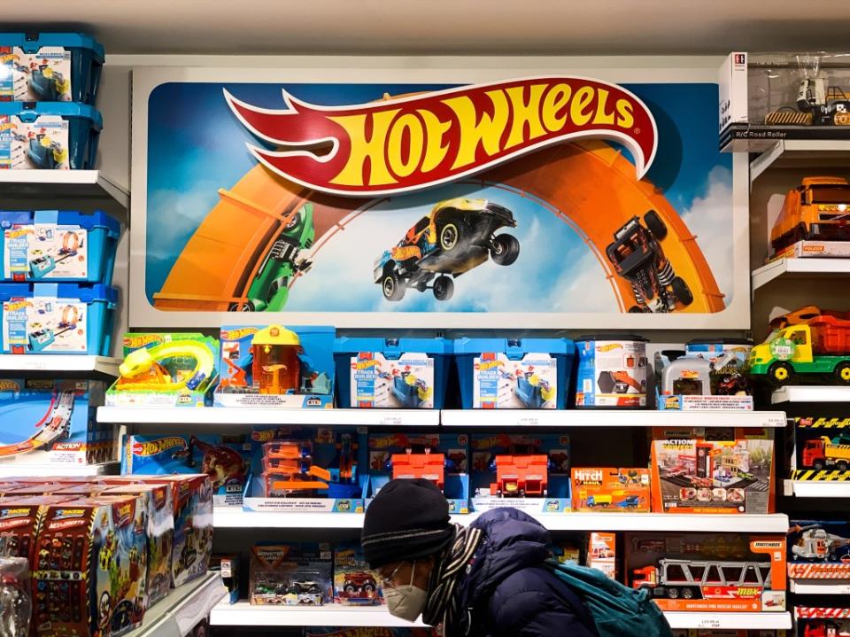 Hot Wheels logo and products are seen at the toy shop in Krakow, Poland on December 30, 2021. (Photo by Jakub Porzycki/NurPhoto via Getty Images)