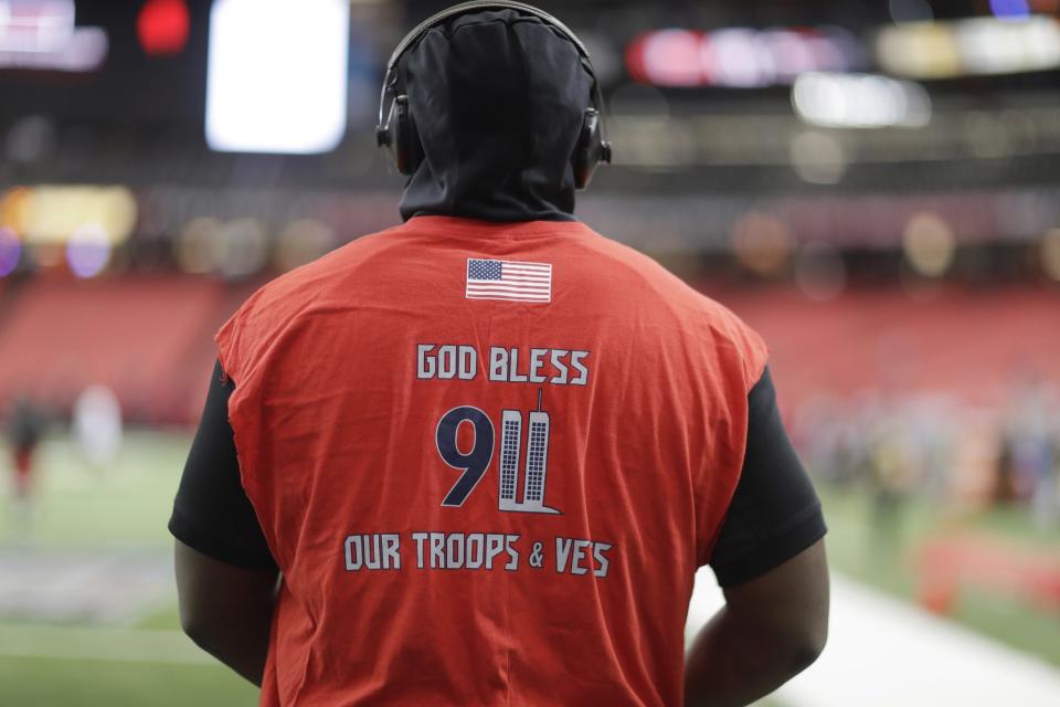 <p>Tampa Bay Buccaneers defensive tackle Gerald McCoy warms up with a 9/11 remembrance shirt on before the first half of an NFL football game between the Atlanta Falcons and the Tampa Bay Buccaneers, Sunday, Sept. 11, 2016, in Atlanta. (AP Photo/David Goldman) </p>