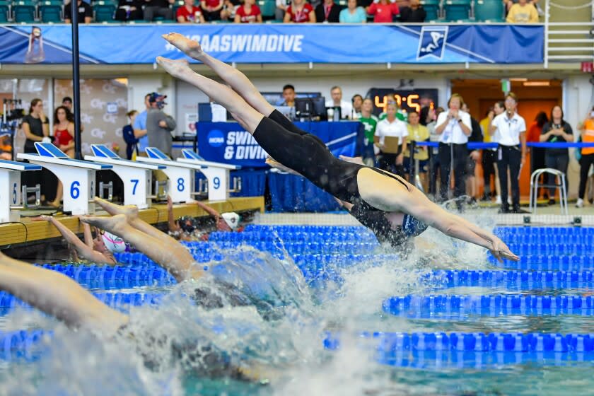 ATLANTA, GA - MARCH 17: University of Pennsylvania swimmer Lia Thomas dives off the starting block.