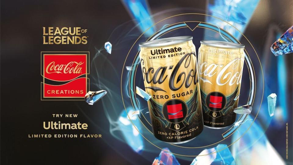 Two gold and black cans of Coca-Cola's League of Legends flavor next to text and a Coca-Cola Creations logo