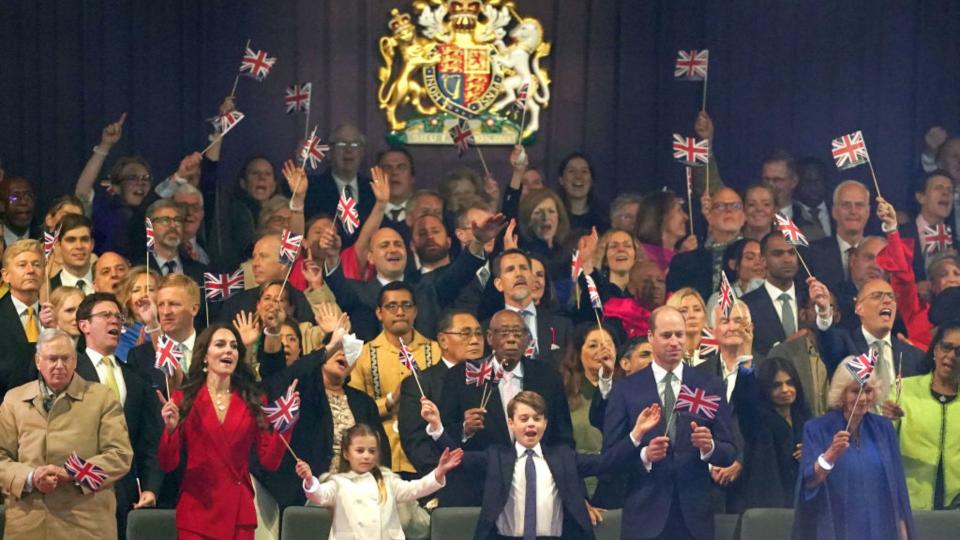 (L-R) Catherine, Princess of Wales, Princess Charlotte, Prince George, Prime Minister, Rishi Sunak, Akshata Murty, Queen Camilla and King Charles III in the Royal Box during the Coronation Concert on May 7, 2023 in Windsor, England