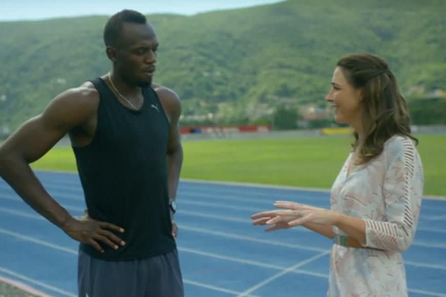 Giaan recently travelled to Jamaica to interview Bolt while he shot a commercial for Optus. Image: Supplied