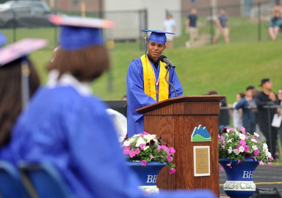 Class President Christian Dedier addresses his classmates during the Blue Hills Regional Technical School graduation in Canton, Tuesday, June, 6, 2023.