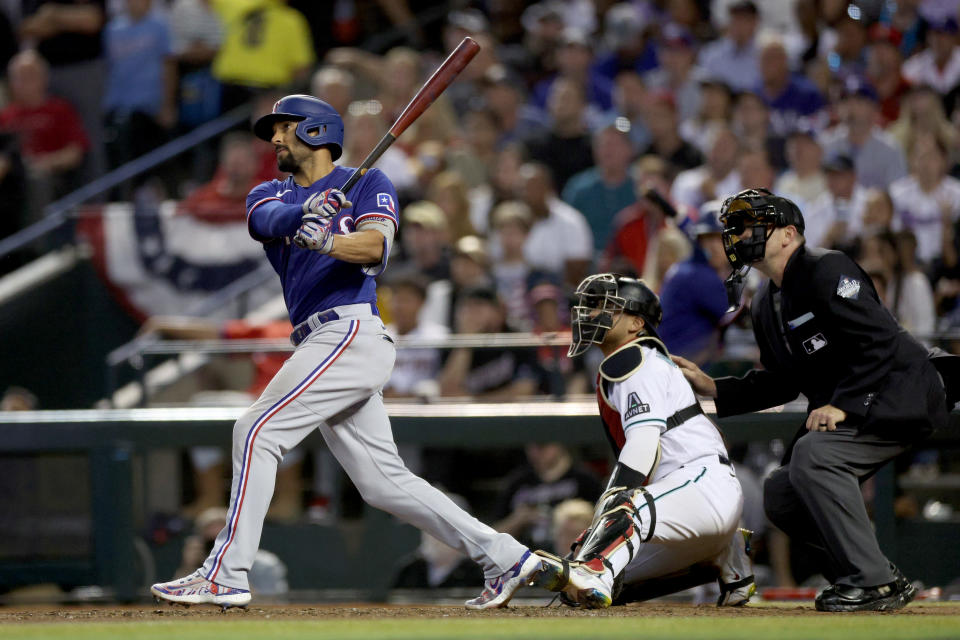 Marcus Semien在第五戰中敲出關鍵2分砲。（MLB Photo by Harry How/Getty Images）