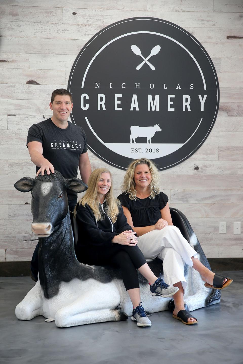 Nicholas Creamery co-founders Nicholas Harary and his wife Melissa (right) and Jodie Edwards are shown at the Middletown location on Route 35 Wednesday, May 1, 2024. The business plans to open its sixth store in 2025.