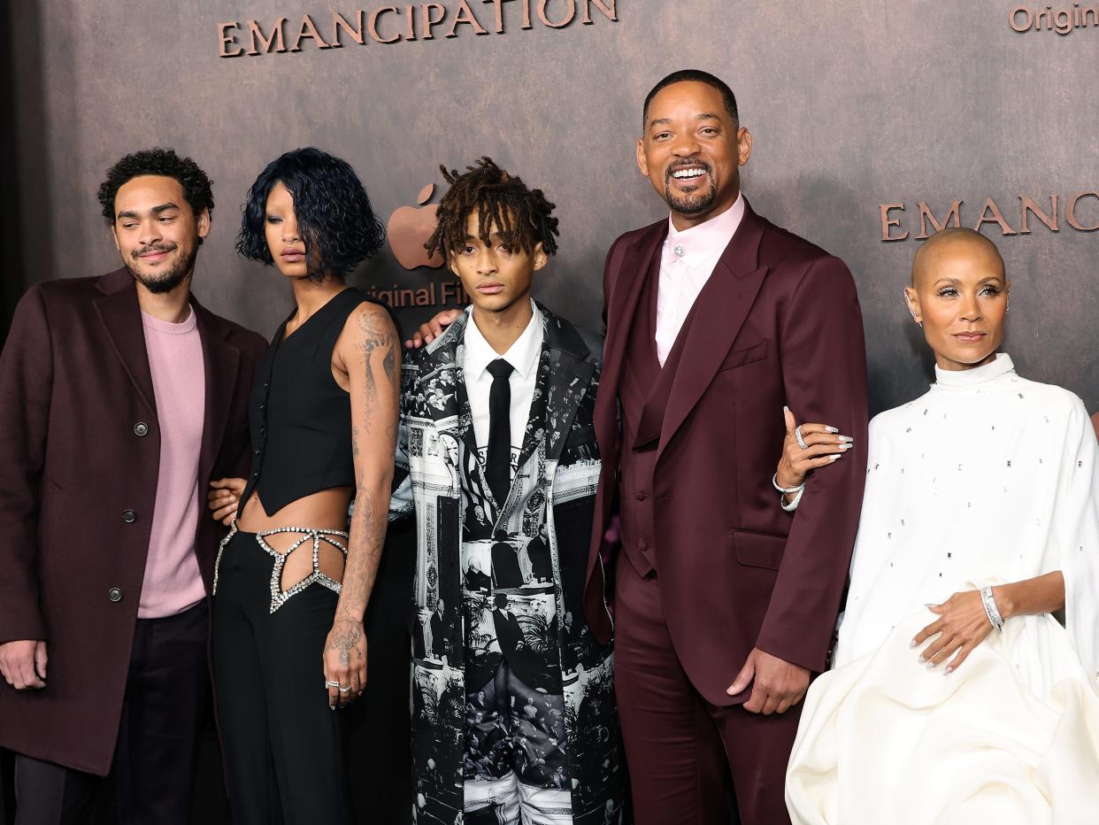 Trey Smith, Willow Smith, Jaden Smith, Will Smith, and Jada Pinkett Smith at the premiere of Apple Original Films' "Emancipation" on November 30, 2022.