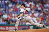 Atlanta Braves' Kyle Wright pitches during the fourth inning of a baseball game against the Philadelphia Phillies, Wednesday, June 29, 2022, in Philadelphia. (AP Photo/Matt Slocum)