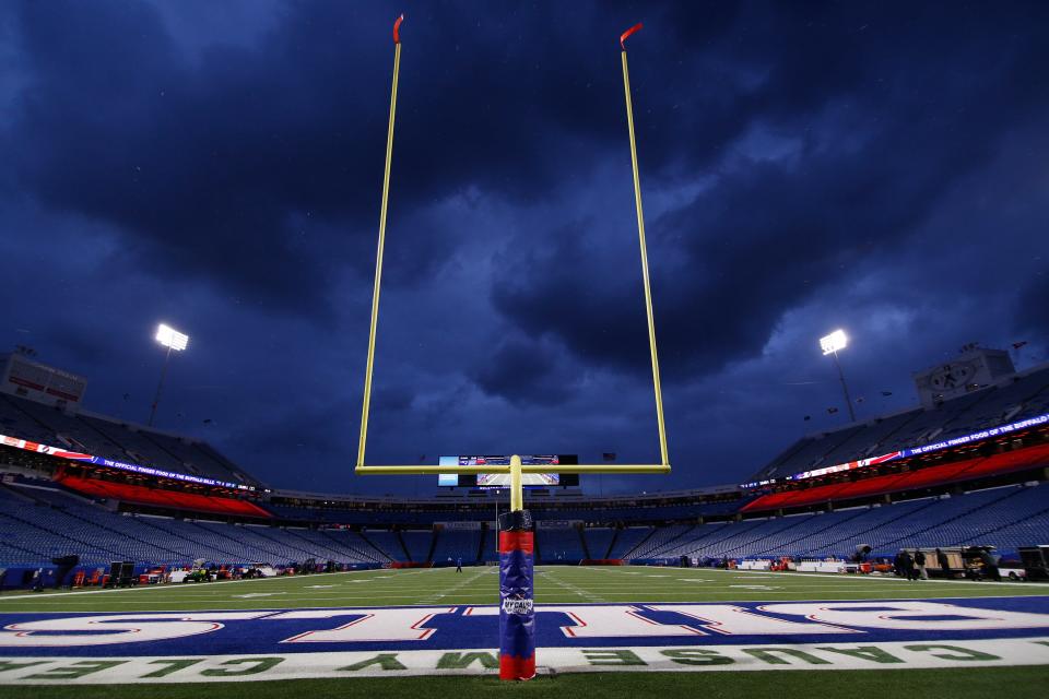 A general overall interior view of Highmark stadium prior to the first half of an NFL football game between the Buffalo Bills and the New England Patriots in Orchard park, N.Y., Monday Dec. 6, 2021.
