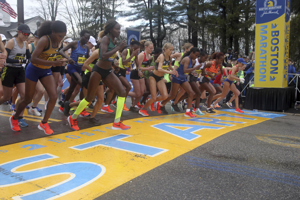 The elite women break from the start of the123rd Boston Marathon on Monday, April 15, 2019, in Hopkinton, Mass. (AP Photo/Stew Milne)