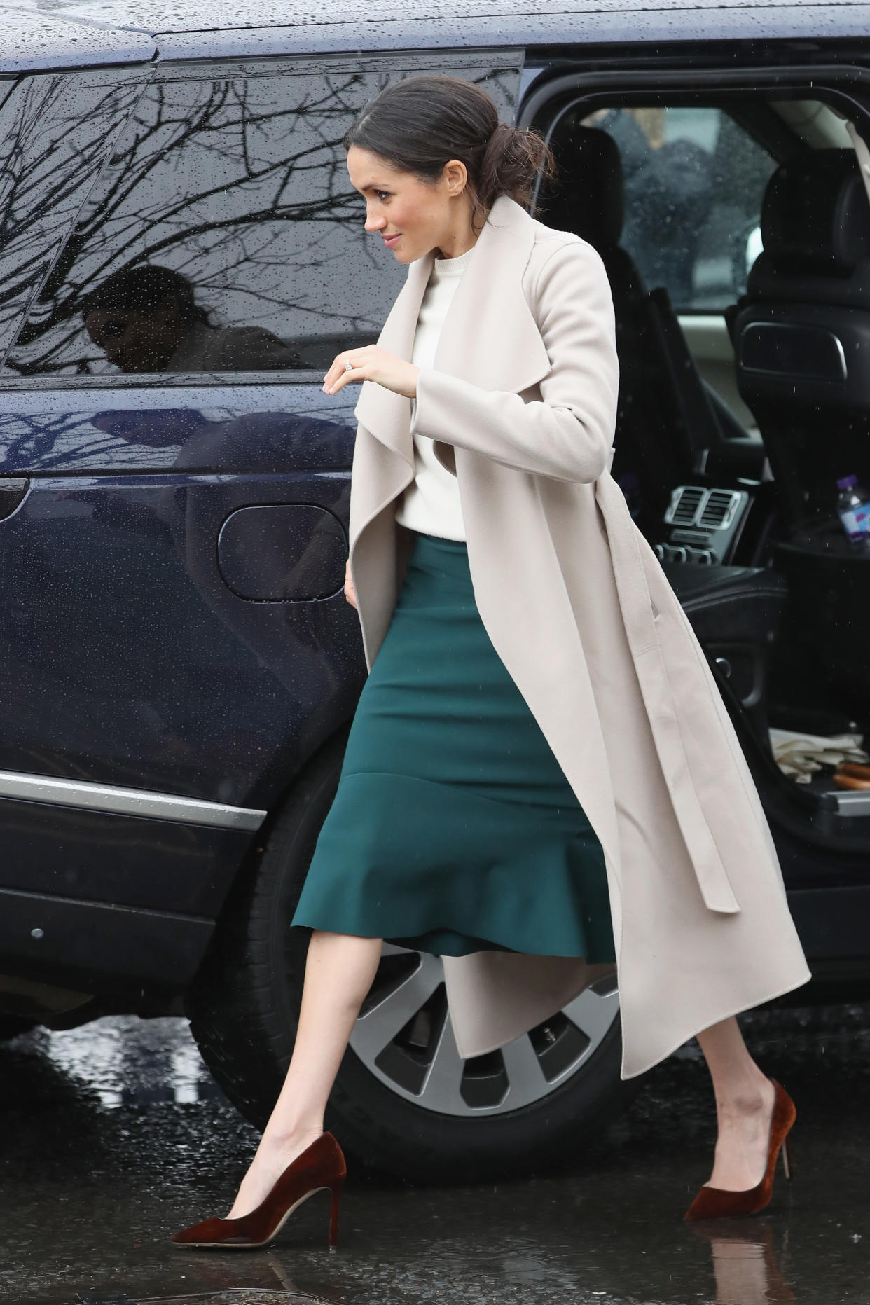 Meghan Markle visited Northern Ireland in March wearing a green skirt. (Photo: Getty Images)