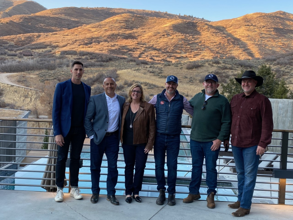 Lincoln Project co-founders (left to right) Ron Steslow, Mike Madrid, Jennifer Horn, Reed Galen, Rick Wilson, and Steve Schmidt on Election Day, Nov. 3, 2020, in Park City, Utah.