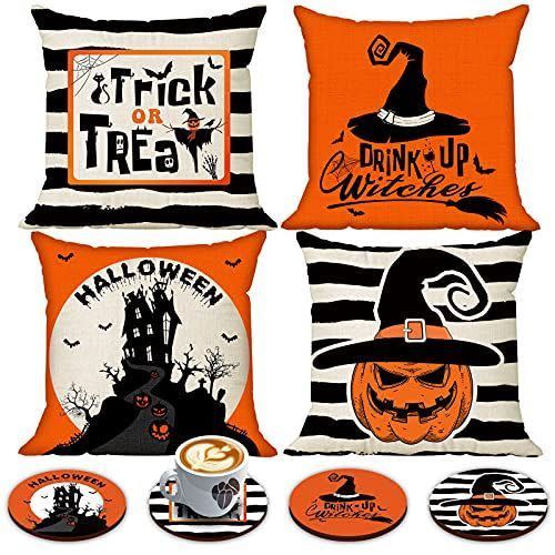 <p><strong>sticro</strong></p><p>amazon.com</p><p><strong>$14.99</strong></p><p>Perhaps giant inflatables and terrifying skeletons aren't your Halloween style. In that case, add this set of four seasonal pillowcases to your cart. They come with matching coasters for a fun touch.</p>