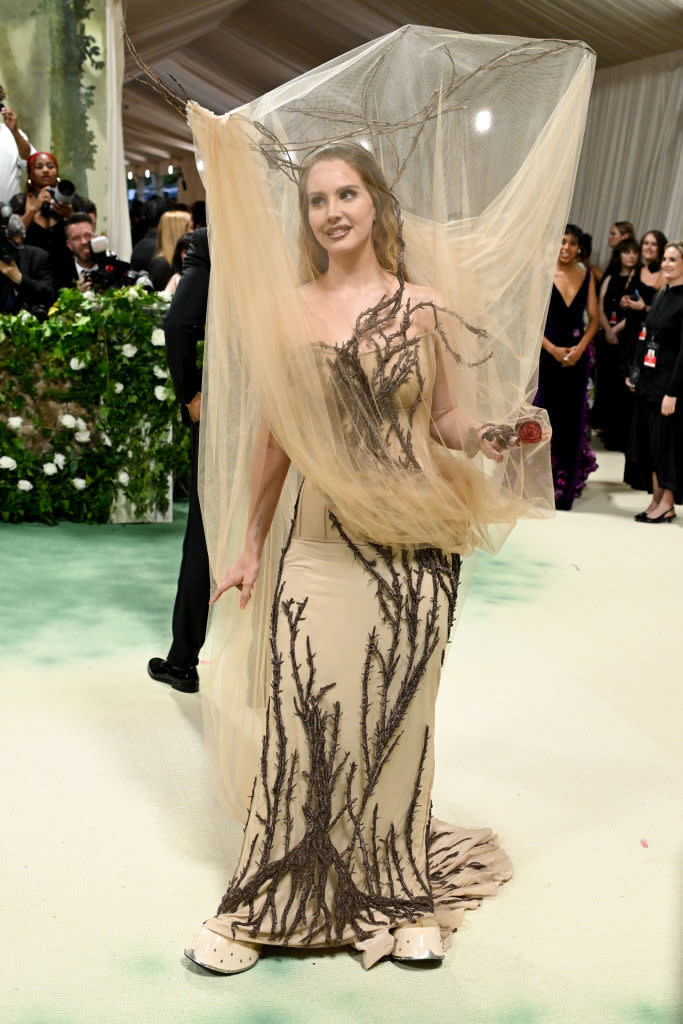 Woman on red carpet in sheer gown with tree branch design, holding a rose