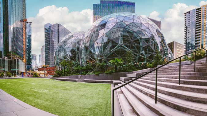 Seattle, Washington Circa November 7, 2018 Amazon company campus world headquarters ,glass Spheres at the Seattle Amazon headquarters, - Image.