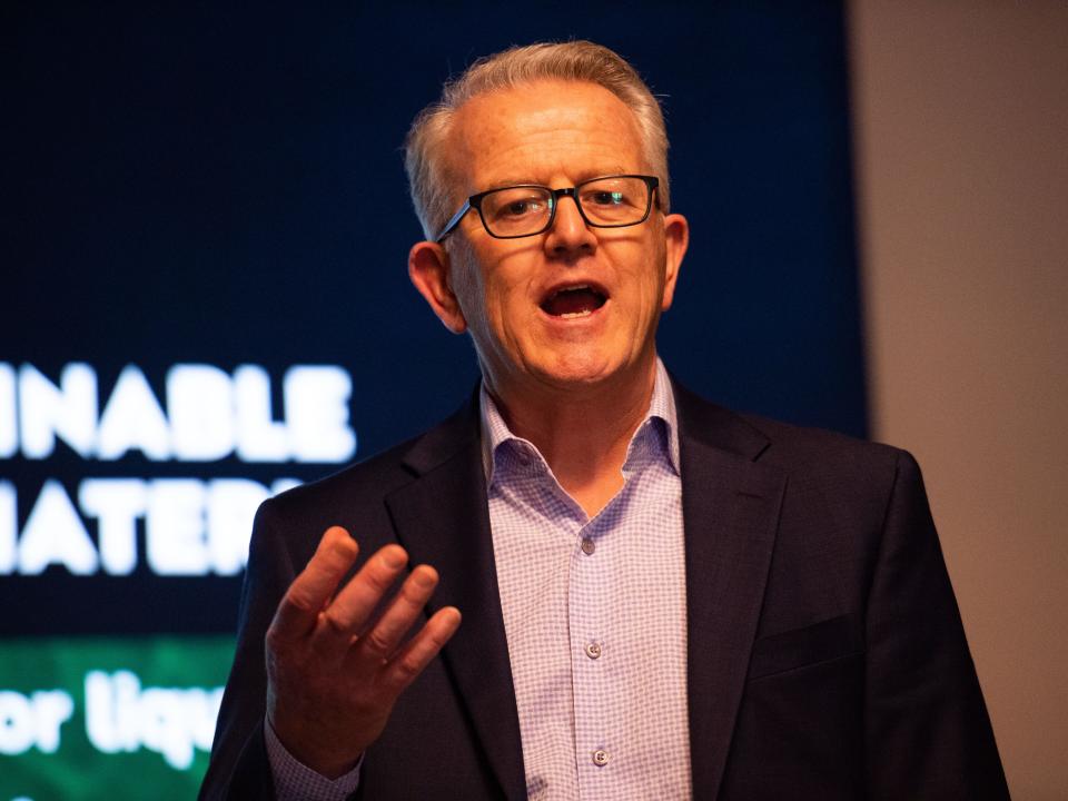 6K Energy Chief Operating Officer Rob Davies speaks during the battery manufacturing announcement inside TheCo on Tuesday, Apr. 18, 2023. 