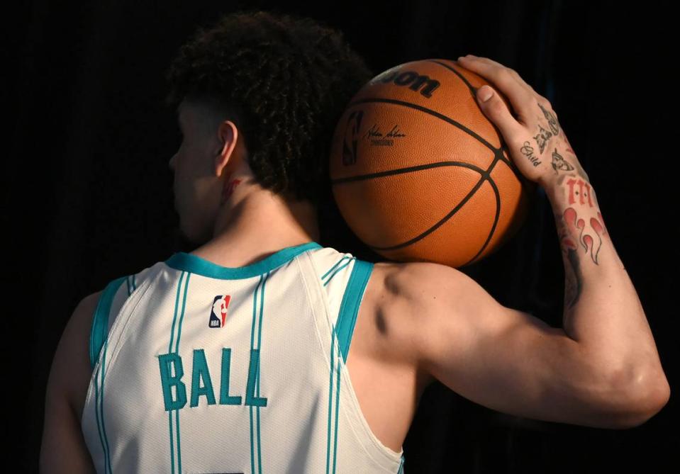 Charlotte Hornets guard LaMelo Ball poses for a photograph during the team’s media day on Monday, October 2, 2023 at Spectrum Center in Charlotte, NC.