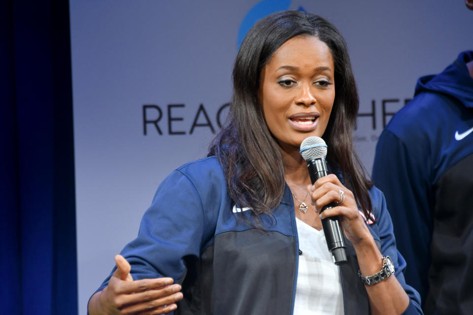 Swin Cash speaks onstage during MTV's 2017 College Signing Day With Michelle Obama at The Public Theater on May 5, 2017 in New York City.