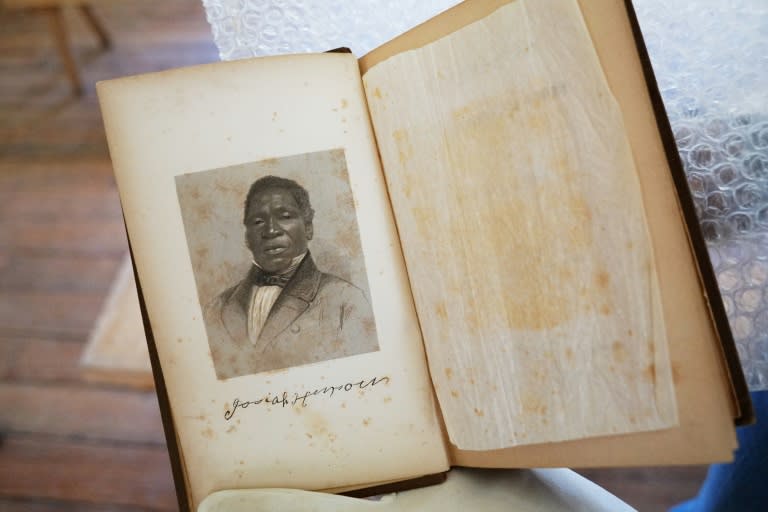 A photo taken on March 29, 2017 shows a portrait of Josiah Henson in a book he authored, at Josiah Henson Park in Bethesda, Maryland