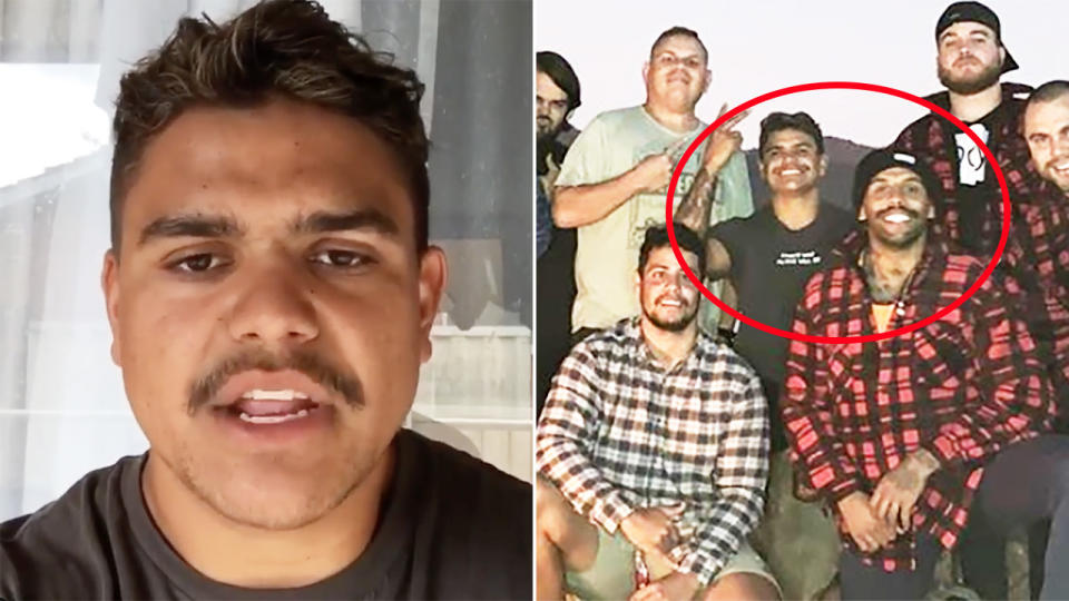 A 50/50 split image shows a screenshot of Latrell Mitchell from his Instagram (left) and Mitchell and Josh Addo-Carr's trip in the right.