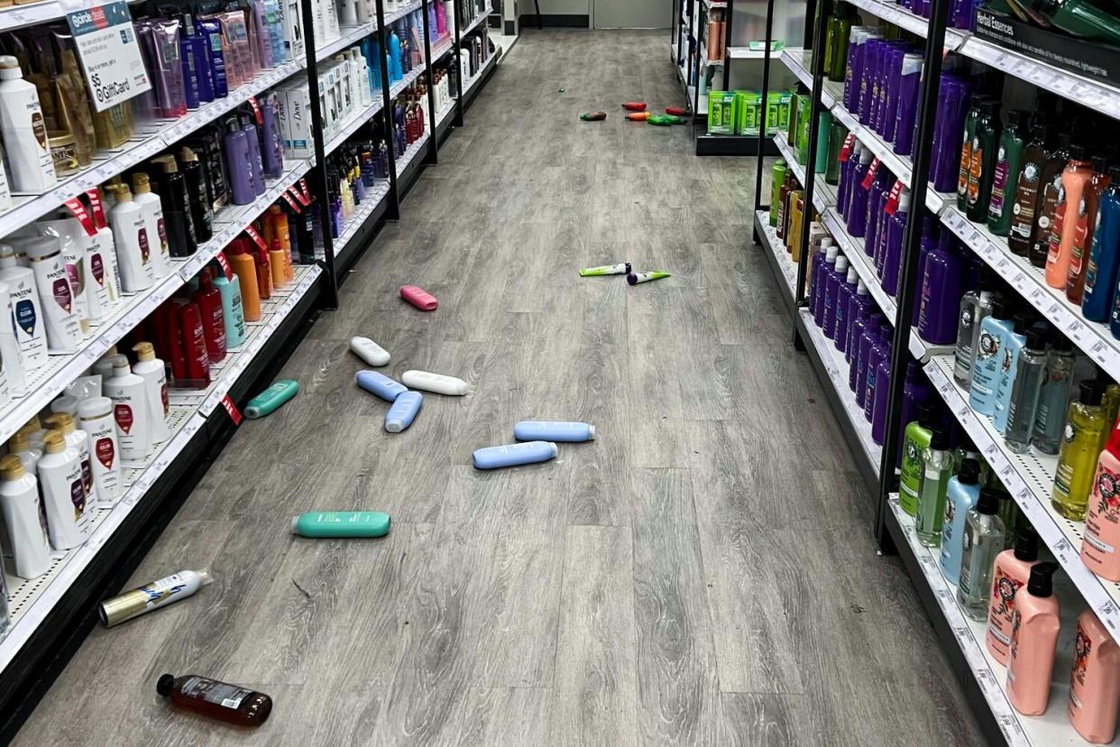 Items fell off shelves of a store in Alhambra during Monday's earthquake.