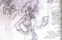 <p>Paul Dini’s first sketch of the character: “a 1960s blonde in a miniskirt” based in part on <i>I Dream of Jeannie</i>’s Barbara Eden with a dash of 1940s “screwballs” like Betty Hutton, Gloria Grahame, and Claudette Colbert. <i>(Image: Paul Dini/Warner Bros.)</i></p>