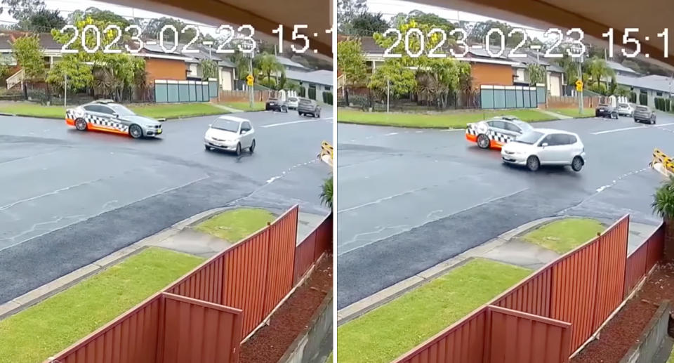 The police car pictured on CCTV hitting a small silver hatchback in Mount Pritchard.