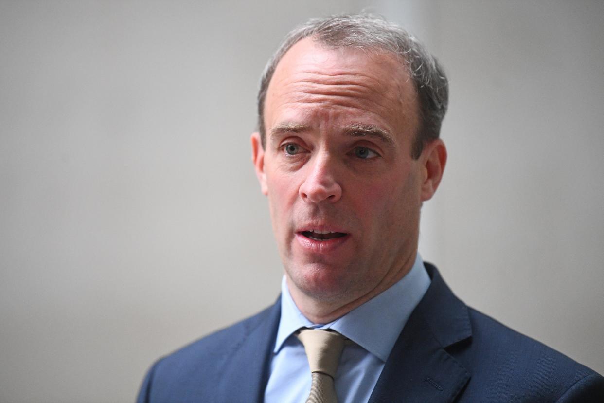 Foreign Secretary Dominic Raab speaks to the media outside BBC Broadcasting House in central London after his appearance on the BBC1 current affairs programme, The Andrew Marr Show. (PA Archive)