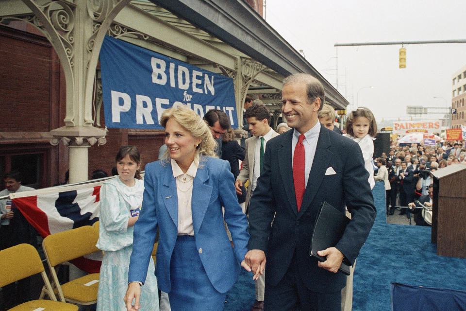 FILE - In this June 9, 1987, file photo Sen. Joe Biden, D-Del., right, walks with his wife Jill after announcing his candidacy for president in Wilmington, Del. (AP Photo/George Widman, File)