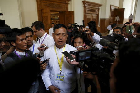 Ye Htut, Minister of Information, speaks to media after a meeting in Union Parliament in Naypyitaw August 18, 2015. REUTERS/Soe Zeya Tun