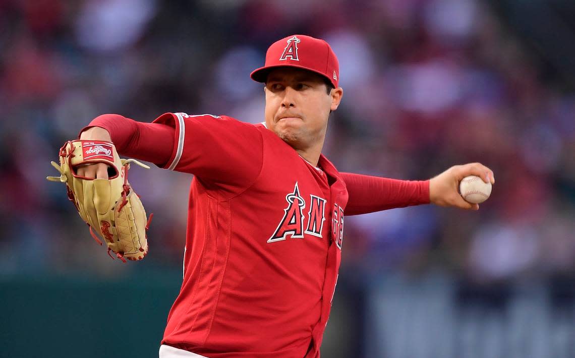 FILE - Los Angeles Angels starting pitcher Tyler Skaggs throws during the first inning of a baseball game against the Texas Rangers in Anaheim, Calif., on May 25, 2019. Former Los Angeles Angels employee Eric Kay was sentenced to 22 years in federal prison on Tuesday, Oct. 11, 2022, for providing Angels pitcher Tyler Skaggs the drugs that led to his overdose death in Texas. (AP Photo/Mark J. Terrill, File)