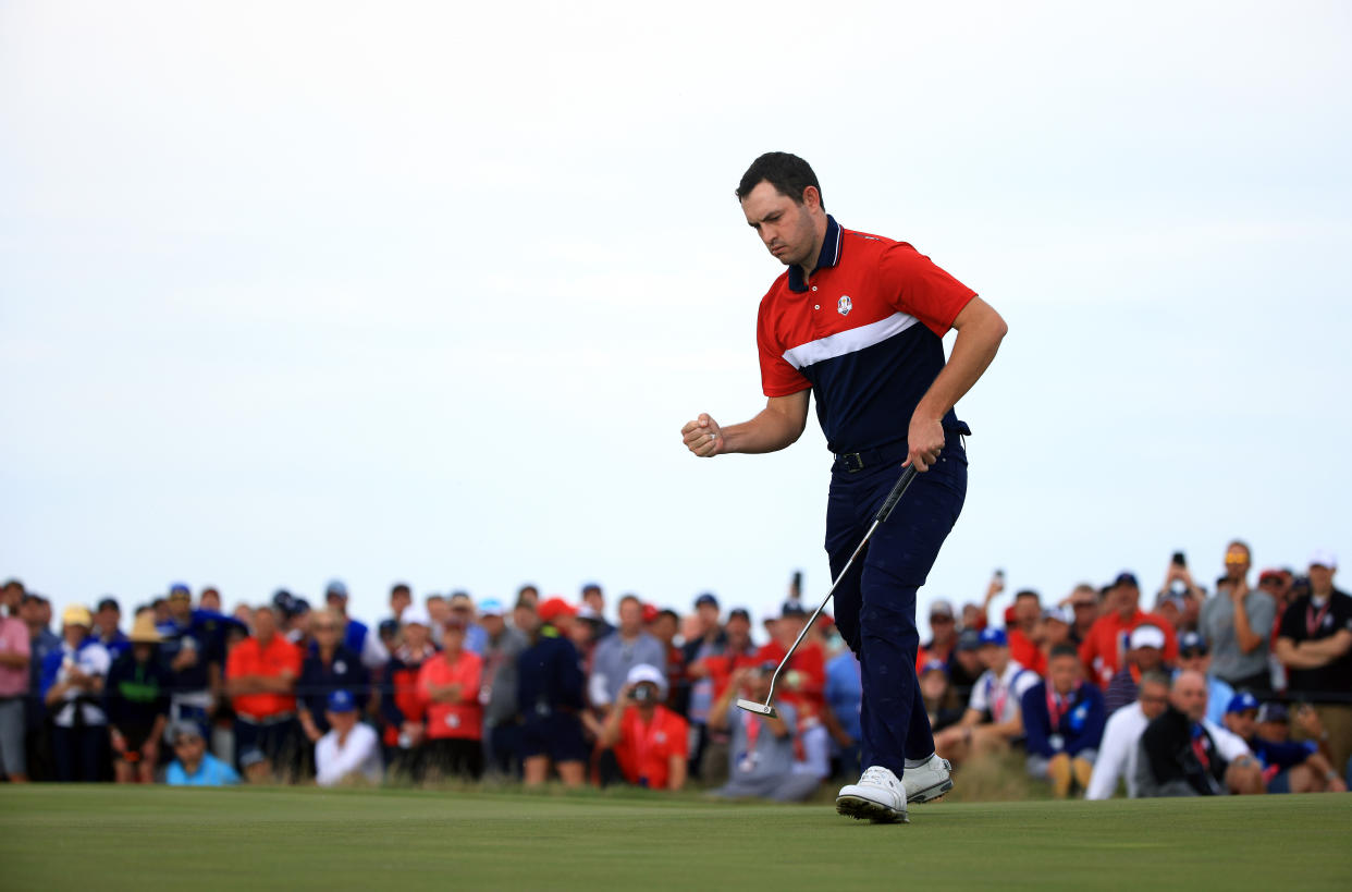 KOHLER, WISCONSIN - SEPTEMBER 26: Patrick Cantlay of team United States reacts on the 15th green during Sunday Singles Matches of the 43rd Ryder Cup at Whistling Straits on September 26, 2021 in Kohler, Wisconsin. (Photo by Mike Ehrmann/Getty Images)