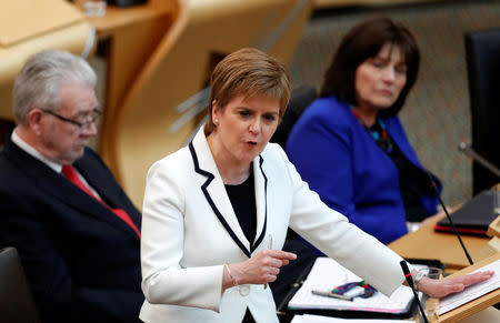 Scotland's First Minister Nicola Sturgeon speaks in the Scottish Parliament during continued Brexit uncertainty in Edinburgh, Scotland, Britain, April 24, 2019. REUTERS/Russell Cheyne