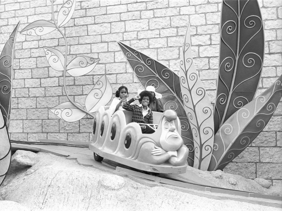 People ride on the Alice In Wonderland ride at Disneyland on September 15, 1973 in Anaheim, California.