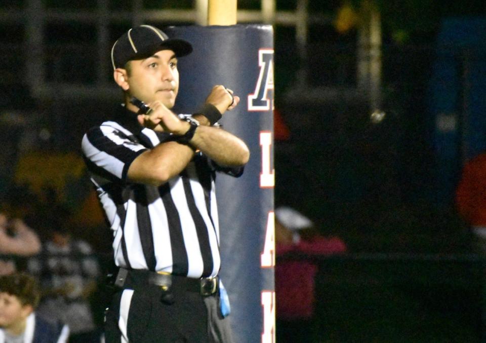 Somerset resident Cameron Filipe signals a call to his crew during a recent game at Apponequet Regional High School.