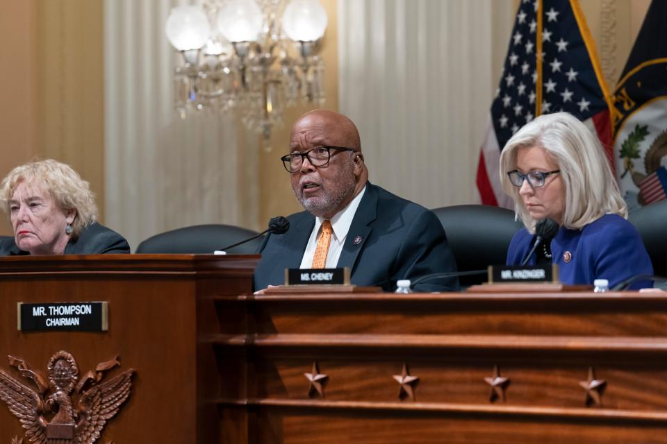 Rep. Bennie Thompson, D-Miss., flanked by Reps. Zoe Lofgren, D-Calif., left, and Liz Cheney, R-Wyo., members of the Jan. 6 committee, hold Steve Bannon, former strategist for President Donald Trump, in contempt Oct. 19, 2021.