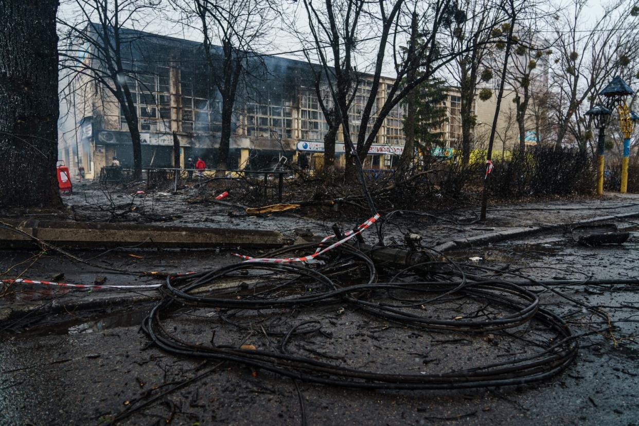 Damage caused by a Russian missile attack on the Kyiv TV tower in Kyiv.