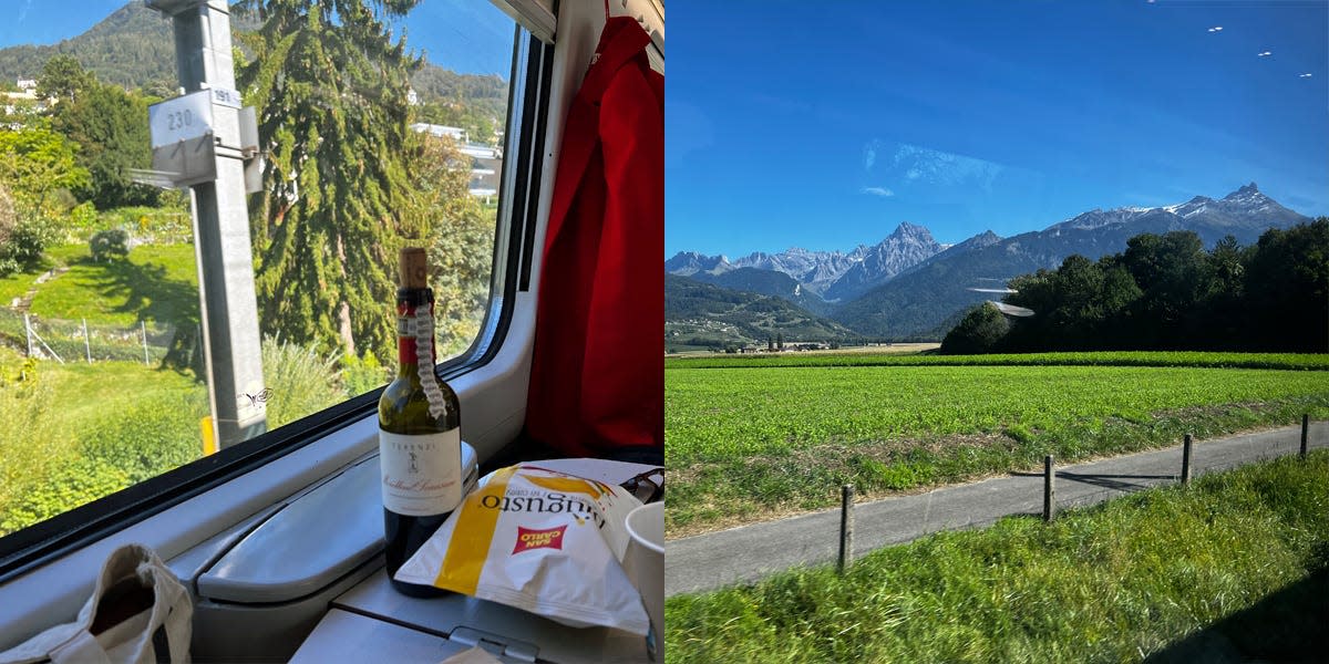 wine and chips on a train seat table and a view of the swiss alps