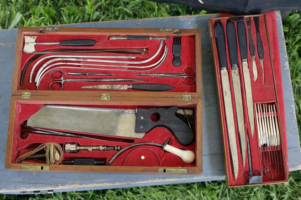 FILE - In this Friday, May 24, 2013 file photo, shown is an Union Army operating kit at the George Spangler Farm that served as a field hospital during the Civil War, in Gettysburg, Pa. As gunshots ravaged the bodies of tens of thousands of soldiers at the Battle of Gettysburg, military doctors responded with a method of treatment that is still the foundation of combat medicine today. (AP Photo/Matt Rourke, File)