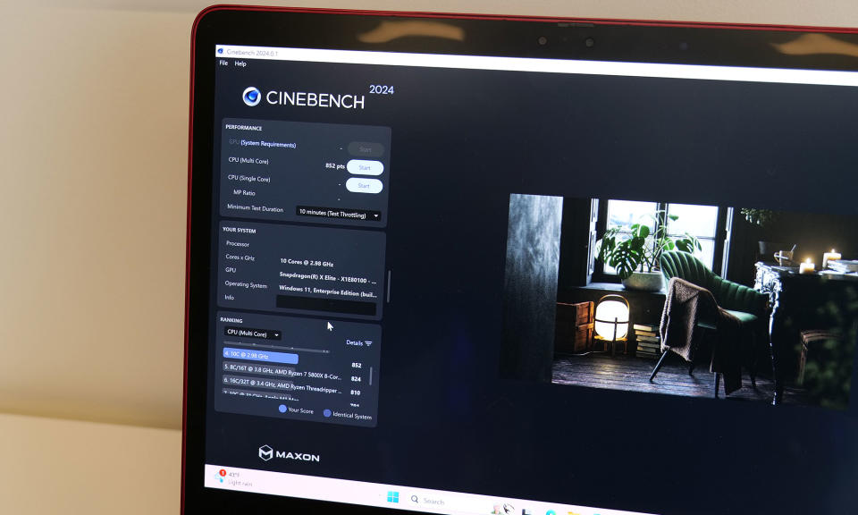 Photo of the Snapdragon X Plus scoring 852 in Cinebench 2024's multi-core CPU test. 