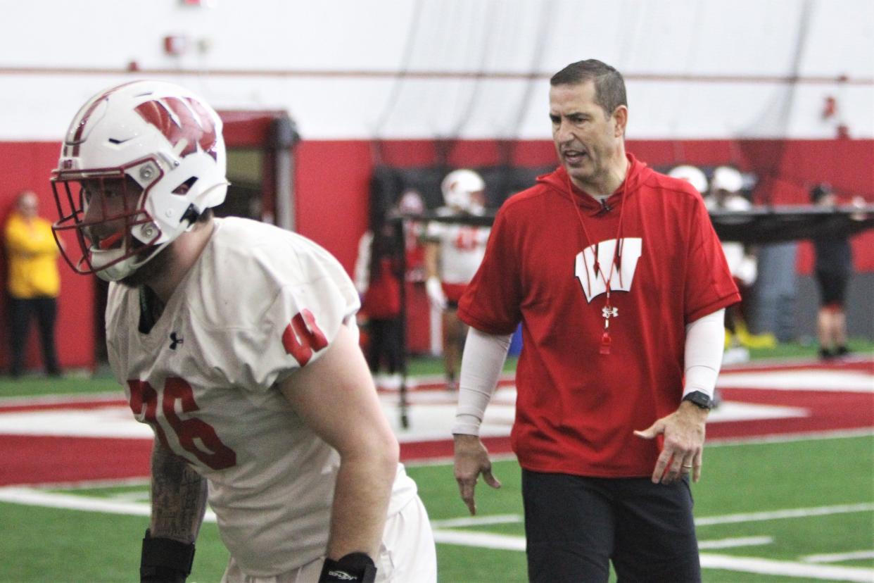 Wisconsin coach Luke Fickell watches defensive end Tommy Brunner go though a drill during the team's first spring practice on Saturday March 25, 2023 at the McClain Center in Madison, Wis.